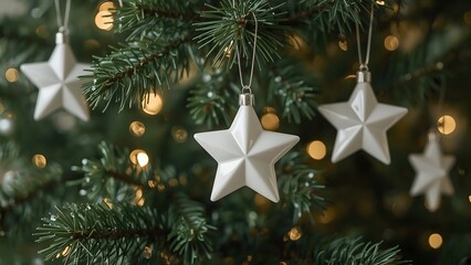 Christmas tree decorations with glossy white stars and cozy bokeh lights