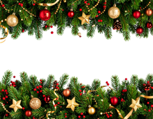 Red and Green Holiday Garland Border Background, Top and Bottom Frame, isolated transparent background png
