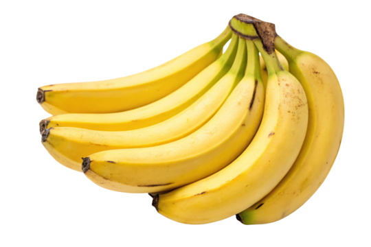 Bunch of ripe yellow bananas with brown stems attached in natural curved cluster, isolated on a transparent background - Powered by Adobe