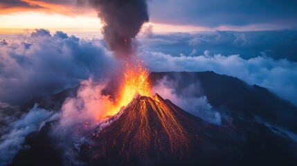 Erupting Volcano at Dusk: Fiery Lava Flows Amidst Clouds and Dramatic Sky