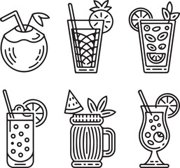 Fototapeta premium Tropical Fruit Drink Line Icons Coconut, Pineapple, Mojito, Slushie, Tiki Mug, and Exotic Cocktails