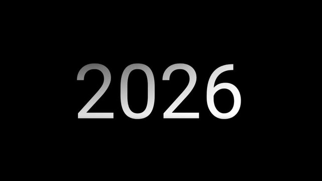 A minimalist year counter animation flips from 2025 to 2026. This modern, black-and-white slot machine for New Year's Eve intros, 