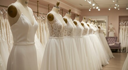 Elegant wedding dresses on mannequins in a bridal shop