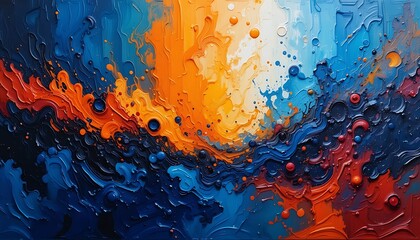 Abstract Impasto Painting of Vibrant Orange, Blue, and Red Swirls