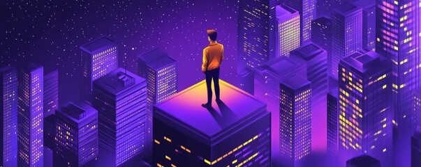Man on Isometric City Rooftop at Night, Future, ambition