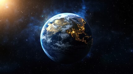 Fototapeta premium Earth seen from space, shining brightly against a starry backdrop.