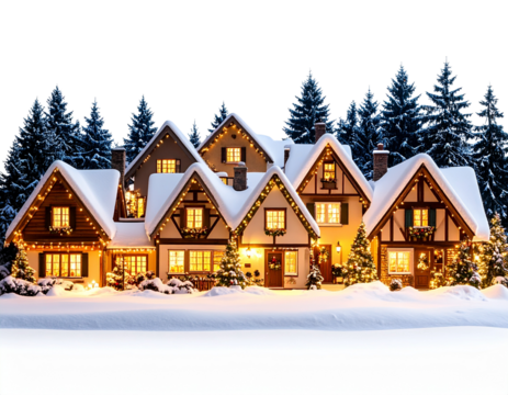  Cozy Village on Christmas Eve Night with Snowfall and Lights, Front View, isolated transparent background png