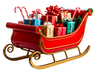 Santa’s Red Sleigh Full of Gifts, Front Diagonal View, isolated transparent background png