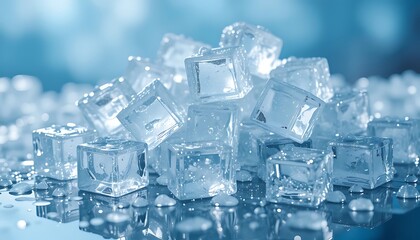 Close-up of Sparkling Ice Cubes with Water Droplets on a Reflective Surface