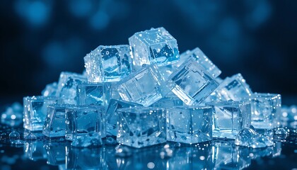 Close-up of Sparkling Ice Cubes with Water Droplets, Glistening and Reflecting Light