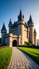 Medieval castle, sunlit approach