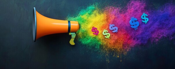 Orange Megaphone with Colorful Explosion and Dollar Signs, marketing, advertising