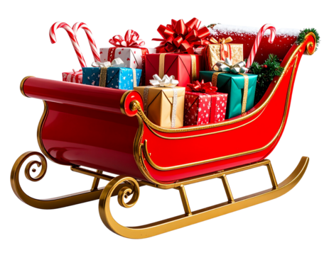  Santa’s Red Sleigh Full of Gifts, Front Diagonal View, isolated transparent background png