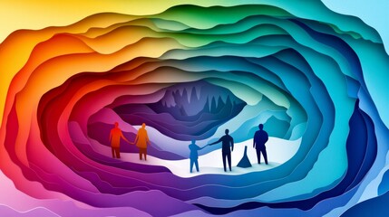 Rainbow Layered Cave Diverse Silhouettes and Connection, Papercut , Abstract