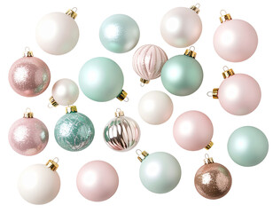 Set of Matte Christmas Balls in Soft Pastel Colors, Top View, scattered layout, isolated transparent background png