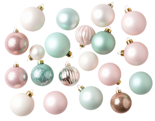 Set of Matte Christmas Balls in Soft Pastel Colors, Top View, scattered layout, isolated transparent background png
