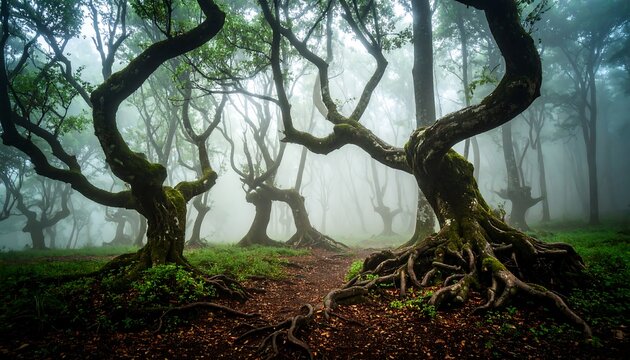 Misty forest with gnarled trees