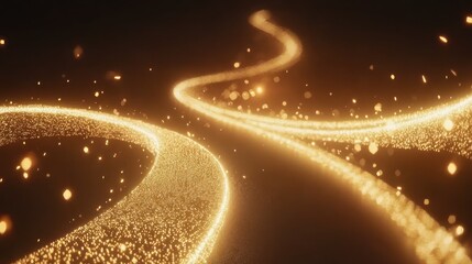Golden Particle Stream: Abstract Winding Path of Light and Sparkle on Dark Background