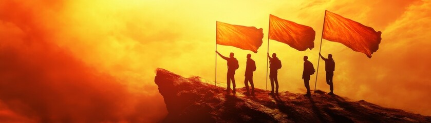 Team on Peak Silhouetted Figures with Flags, sunset , leadership