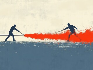 Tug of War Silhouette Figures, Red Paint Splatter, Competition ,Conflict