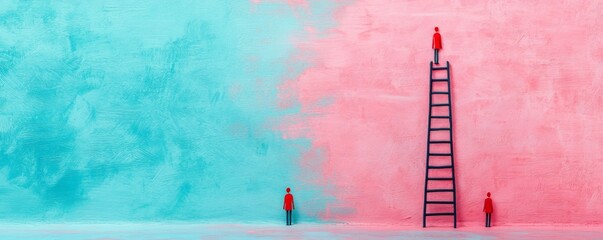 The Ladder to Success Red Figures, Blue and Pink Background, ambition, opportunity
