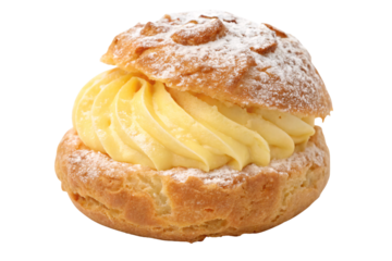 Cream puff with yellow custard filling, choux pastry dusted with powdered sugar, elegant French dessert, isolated on a transparent background