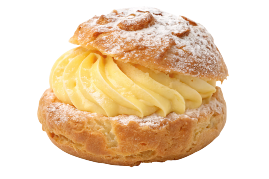 Cream puff with yellow custard filling, choux pastry dusted with powdered sugar, elegant French dessert, isolated on a transparent background