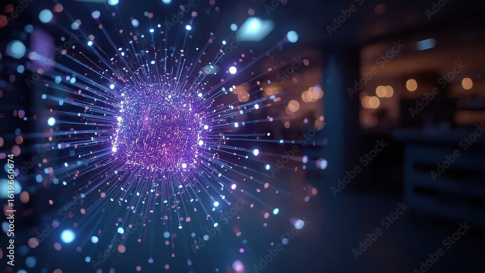 Poster quantum computing. futuristic glowing purple cube with digital nodes i