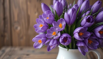 Beautiful Bouquet of Purple Crocus Flowers in White Vase on Wooden Background