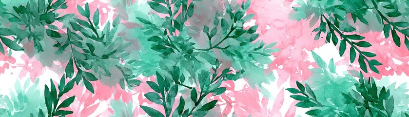 Seamless Abstract foliage pattern with green leaves and pink background.
