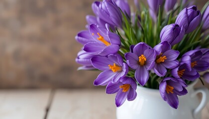 Close-up of a Delicate Bouquet of Vibrant Purple Crocus Flowers in a White Ceramic Vase