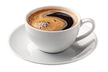 Black coffee in white porcelain cup and saucer, hot beverage with foam and steam rising, isolated on a transparent background