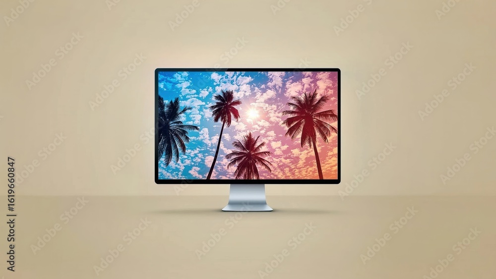 Poster resume checker. modern desktop computer screen with palm trees colorfu