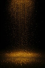 Gold glitter falling past a dark background