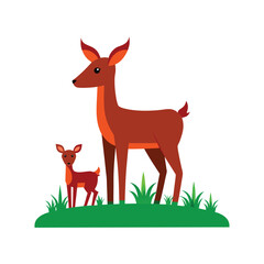 Brown deer and fawn standing in green grass animal