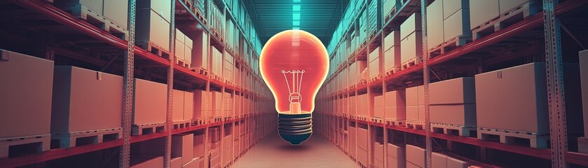 Warehouse Idea Glowing Bulb in Shelves of Boxes, Logistics, Innovation
