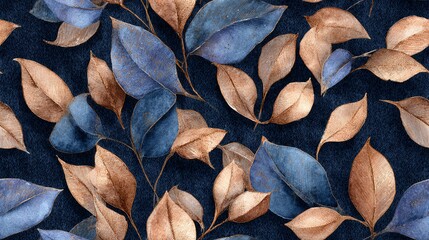 Seamless A beautiful pattern of leaves in shades of blue and gold on a dark background.