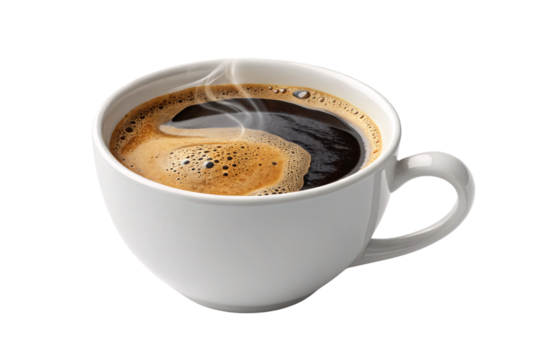 Hot black coffee in white cup with saucer, steaming beverage with crema foam, aromatic morning drink, isolated on a transparent background - Powered by Adobe