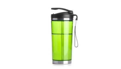 Lime green travel tumbler with black lid and carry loop