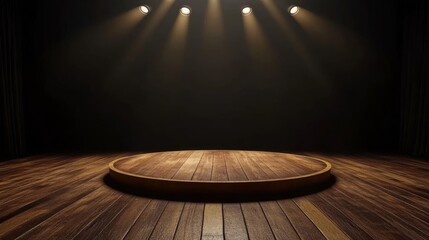 Wooden Stage with Spotlights, Dark Backdrop, Presentation , Mockup