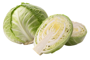 Whole cabbage and halved cabbage displaying layered leaves and white core, isolated on a transparent background