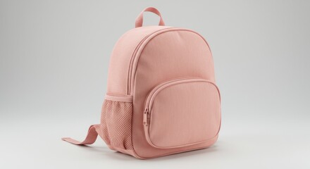 Soft pink backpack with pockets, a handle, and straps, against a gradient white background