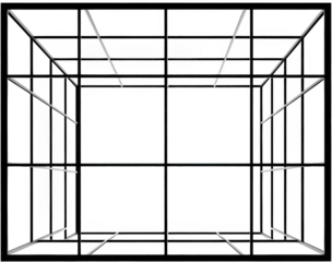 Abstract wireframe cube structure with intersecting lines and geometric planes isolate