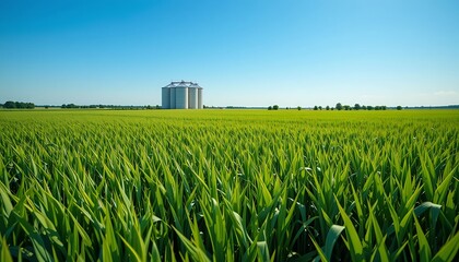 Idyllic Summer Landscape: Green Field and Grain Silos Under a Clear Blue Sky