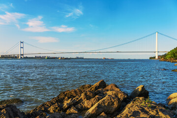 The Yangtze River Bridge in Jiangyin, Jiangsu Province, China, and the beautiful natural scenery of the Yangtze River on July 20, 2025.