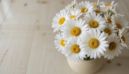 A Close-Up View of a Bouquet of Beautiful White Daisies in a Cream-Colored Vase on a Light Wooden Table