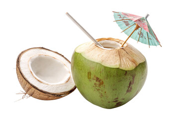 Fresh coconut drink with straw and umbrella beside coconut half, isolated on a transparent background