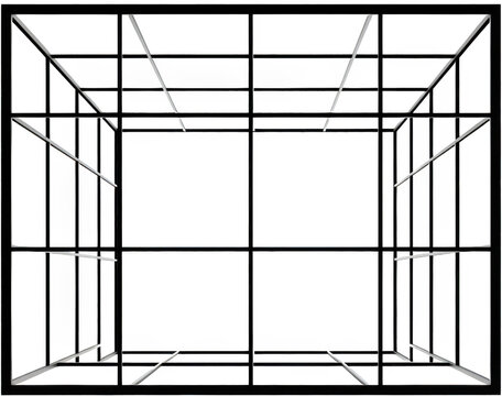 Abstract wireframe cube structure with intersecting lines and geometric planes isolate