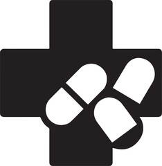 Silhouette vector of a cross symbol with capsules, ideal for pharmacy, medical, and healthcare design projects.