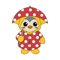 Cute cartoon penguin in red polka dot raincoat holding umbrella